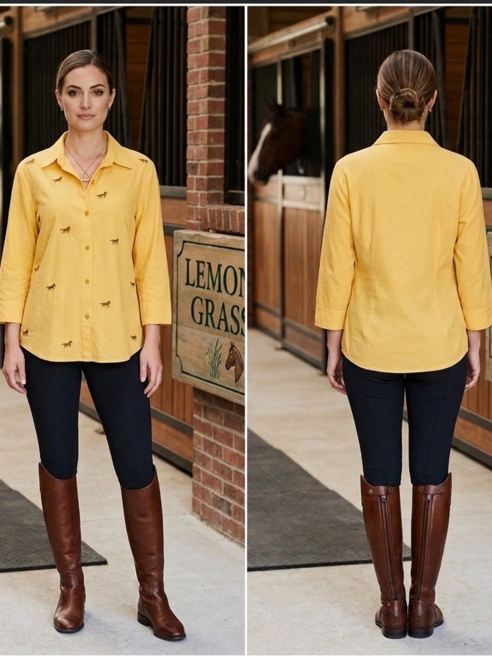 Lemon Grass Studio Horse Theme Gold Button Up Blouse NWT Medium
